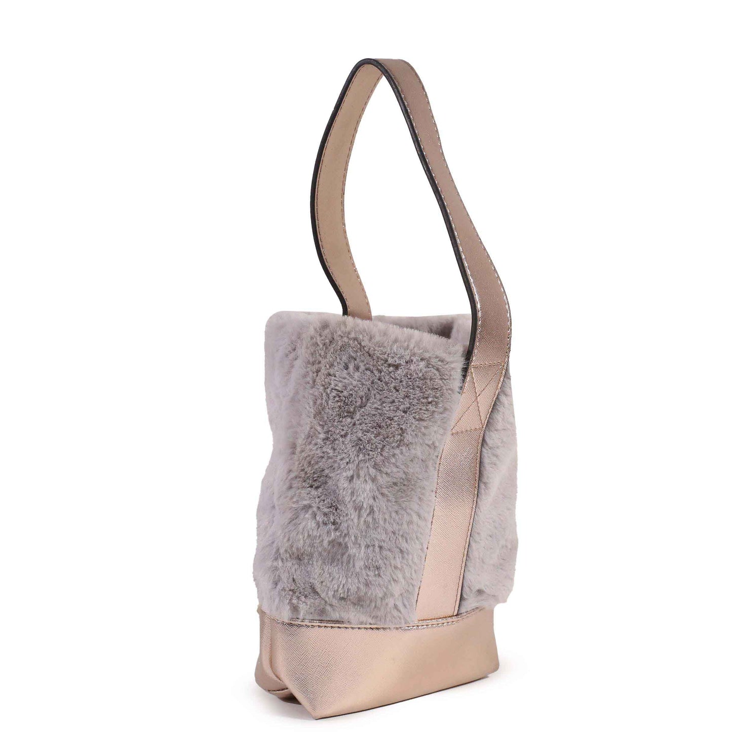 Classic Grey Faux Fur Rose Gold Handle Tote Bag