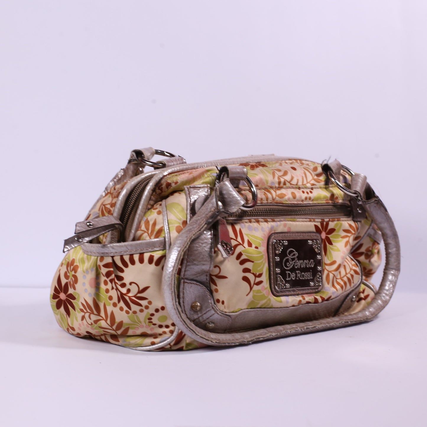 Genna De Rossi Floral W-Faux Leather Silver Trim Satchel Bag