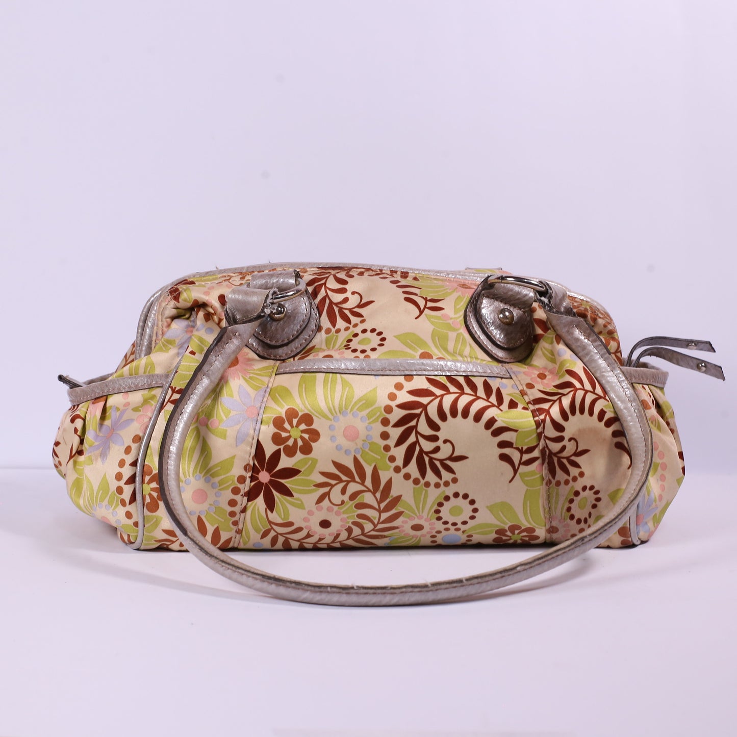 Genna De Rossi Floral W-Faux Leather Silver Trim Satchel Bag