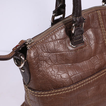 Tignanello Two-Tone Brown Leather Embossed Shoulder Tote Bucket Handbag Purse