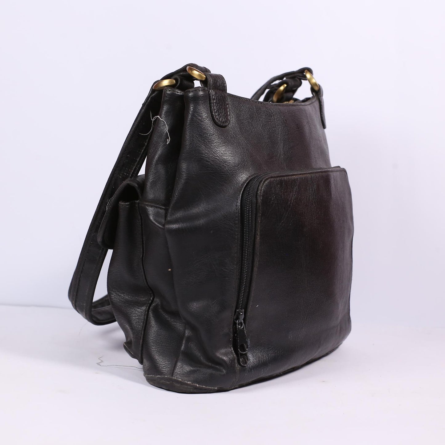 Rosetti Black Genuine Leather Buckle Strap Bucket Bag