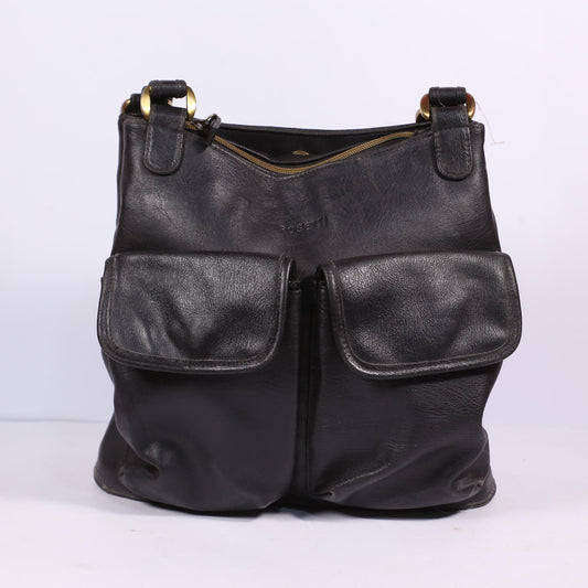 Rosetti Black Genuine Leather Buckle Strap Bucket Bag