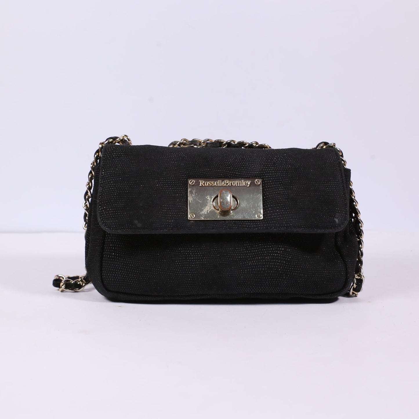 RUSSELL & BROMLEY Black Mock Lizard Skin, Metal Strap, Shoulder/Converible Purse