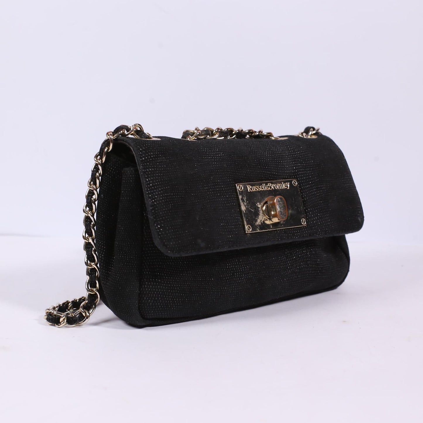 RUSSELL & BROMLEY Black Mock Lizard Skin, Metal Strap, Shoulder/Converible Purse