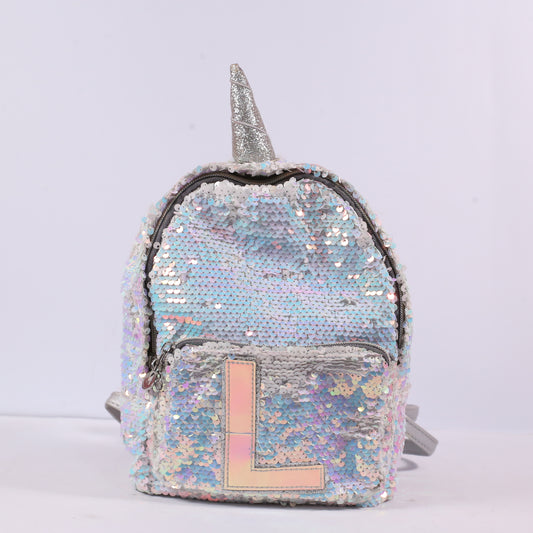 Justice Sequin Mini White Pink Unicorn With Letter V & Fluff Tag Backpack Bag