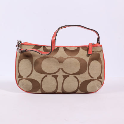 Coach Tan & Orange Corner-Zip Signature Logo Canvas and leather Wristlet/clutch