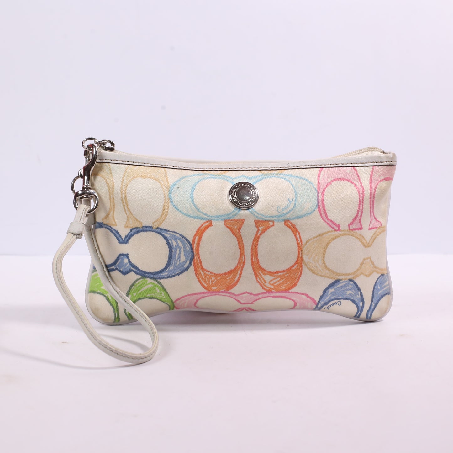 Coach Multicolor W White Leather Trim Wristlet Pouch Coin Bag Purse