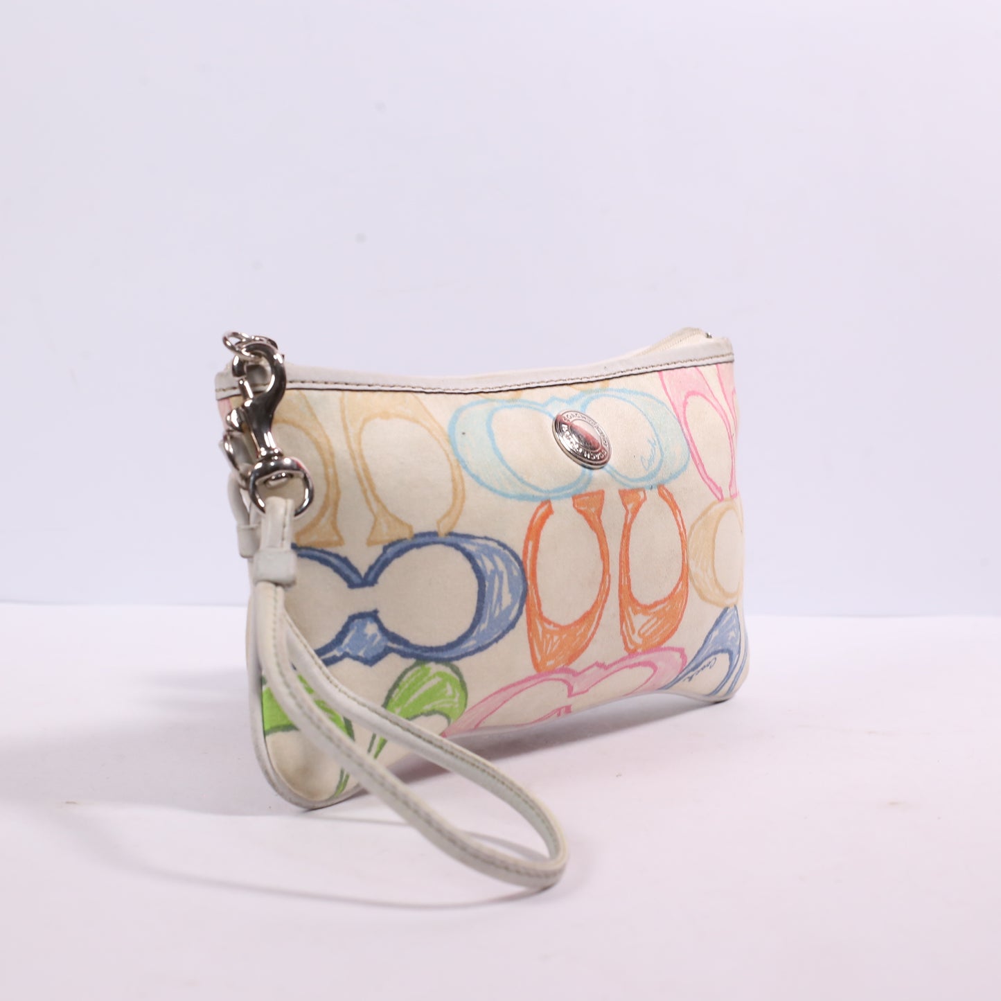 Coach Multicolor W White Leather Trim Wristlet Pouch Coin Bag Purse