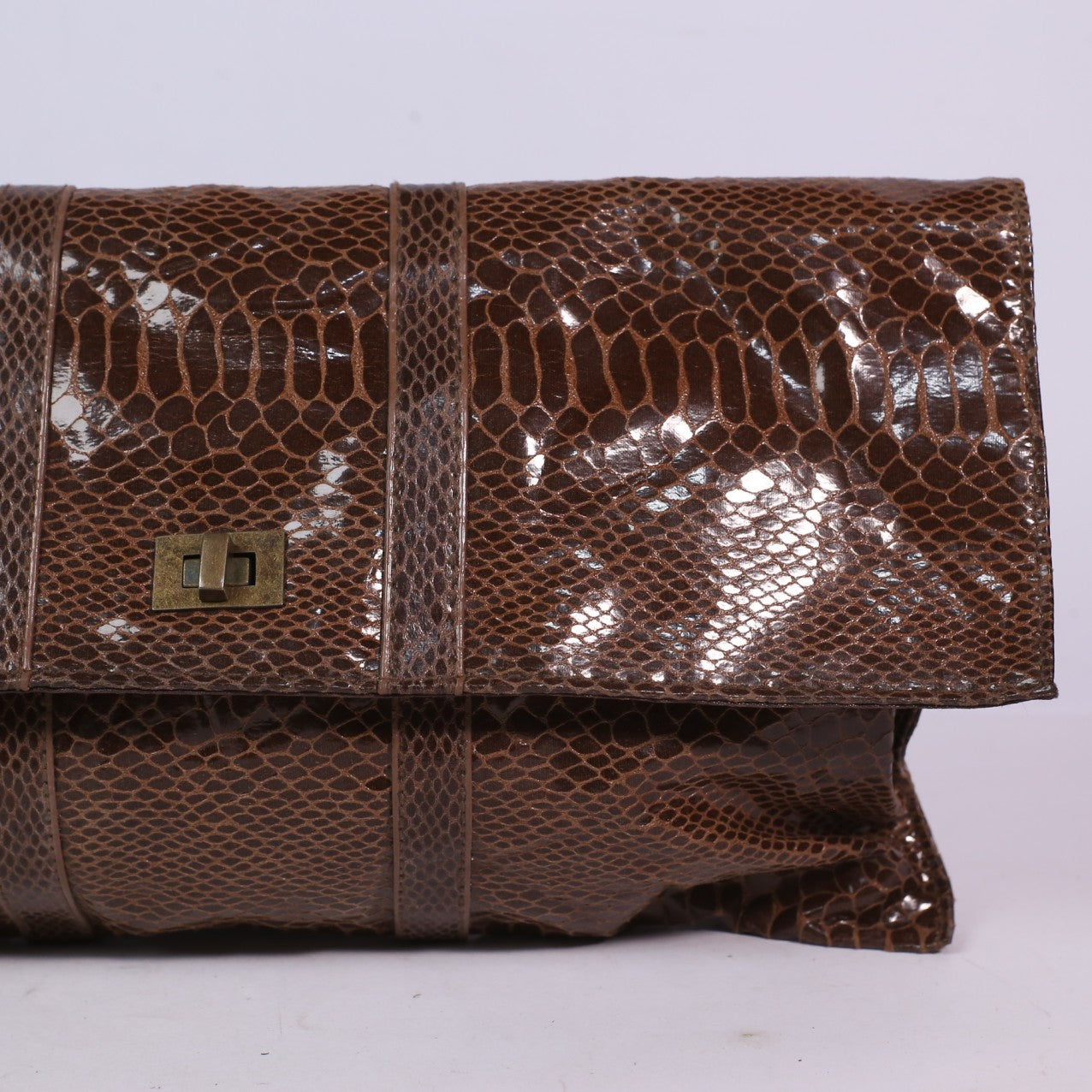 Waehouse Fold Over Faux Brown Snakeskin Print Clutch Bag Small Handbag Purse