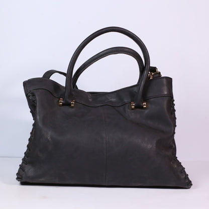 Ladies Black Leaher Handbag With Vinyl Trim And Metal Hardware.