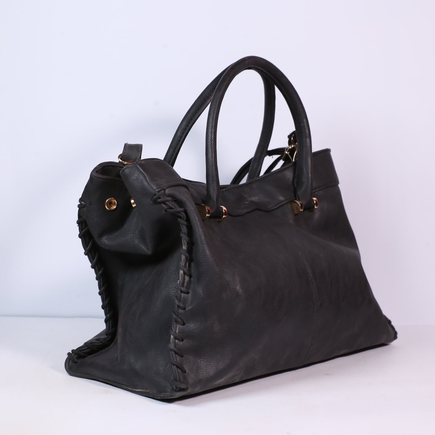 Ladies Black Leaher Handbag With Vinyl Trim And Metal Hardware.