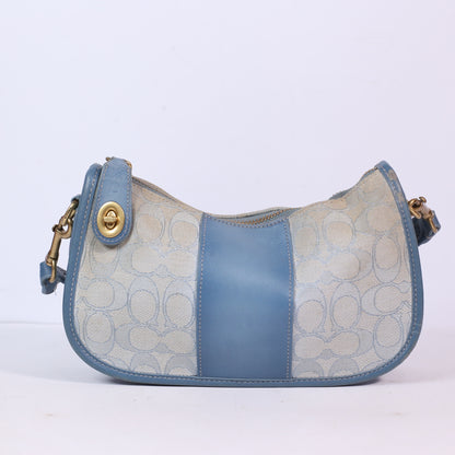 Coach Signature Tan With Blue Leather Wristlet